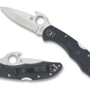 SPYDERCO DELICA® 4 FRN EMERSON OPENER CLOSED AND OPEN WITH TIP ANGLE UP TO THE LEFT AND EDGE FACING DOWN