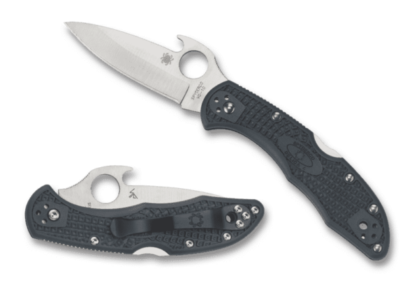 SPYDERCO DELICA® 4 FRN EMERSON OPENER CLOSED AND OPEN WITH TIP ANGLE UP TO THE LEFT AND EDGE FACING DOWN