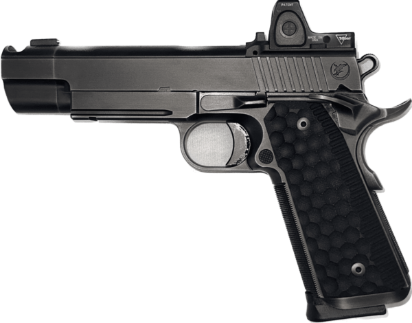 NIGHTHAWK CUSTOM FIREHAWK IOS SMOKED NITRIDE RECON RAIL 9MM RMR AND MOUNT W/ FORWARD MOUNTED REAR SIGHT LEFT SIDE VIEW