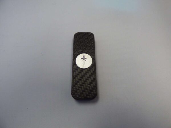 Microtech halo iii mini marfione custom dry carbon fiber case with Marfione Custom logo brushed stainless inlay medallion