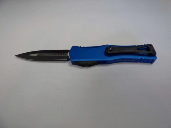 MICROTECH HERA DOUBLE EDGE BLUE STANDARD BLACK BLADE/HARDWARE BLACK MARBLE IN CLIP BLADE OUT CLIP SIDE