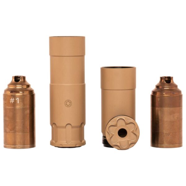 rugged suppressors oculus .22 flat dark earth short configuration with front piece and baffles removed