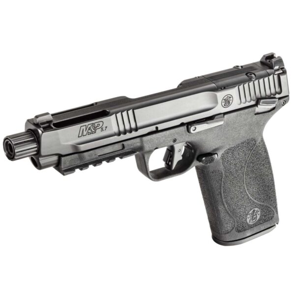 SMITH & WESSON M&P 5.7 WITH THUMB SAFETY OPTIC READY THREADED BARREL 5.7X28MM TOP LEFT SIDE VIEW FRONT ANGLE