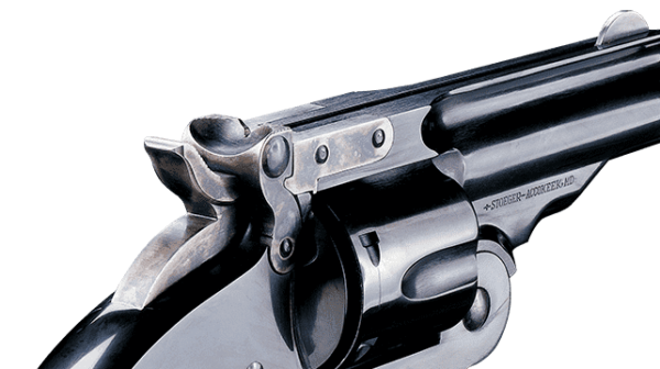 UBERTI 1875 SCHOFIELD NO. 3 TOP BREAK 2ND MODEL BLUED WITH COLOR CASE HARDENED ACCENTS 5" .45LC RIGHT SIDE VIEW REAR ANGLE CLOSE UP STIRRUP STYLE LATCH