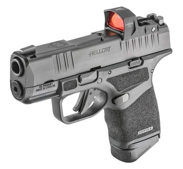 SPRINGFIELD ARMORY HELLCAT OSP WITH WASP OPTIC TOP LEFT SIDE VIEW FRONT ANGLE FINGER EXTENSION MAGAZINE
