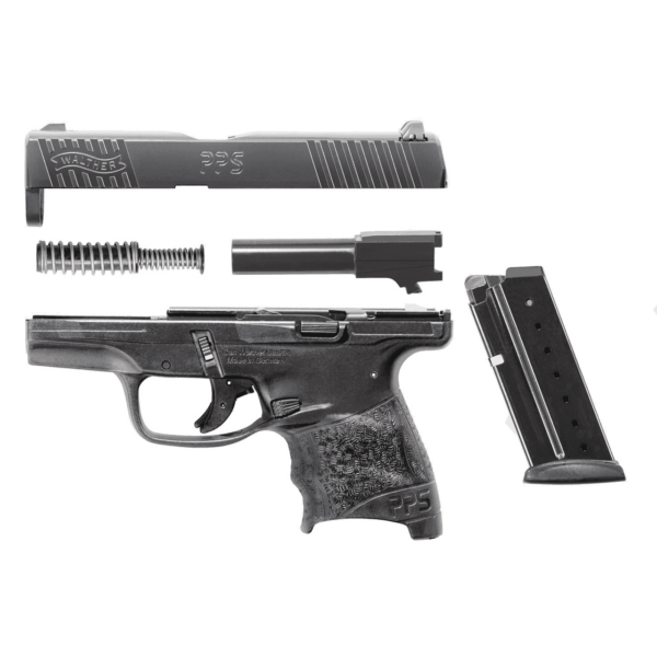 WALTHER PPS M2 BLACK 9MM LEFT SIDE VIEW TAKE APART WITH INDIVIDUAL PARTS SHOWING
