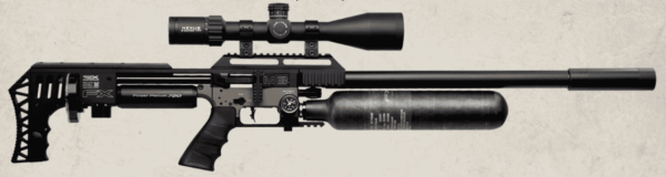 FX IMPACT M3 POWER BLOCK SNIPER .22 CALIBER 700MM BRONZE WITH 5" DONNYFL MODERATOR RIGHT SIDE VIEW