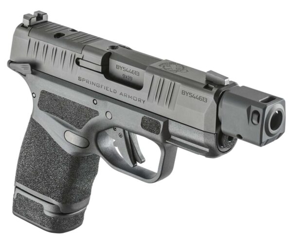 SPRINGFIELD ARMORY HELLCAT® RDP 3.8″ MICRO-COMPACT MANUAL SAFETY 9MM TOP RIGHT SIDE VIEW EXTENDED CAPACITY MAGAZINE FRONT ANGLE