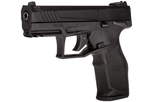 TAURUS TX22 ANODIZED BLACK 22LR BLACK POLYMER FRAME 16 ROUND MANUAL SAFETY LEFT SIDE VIEW FRONT ANGLE