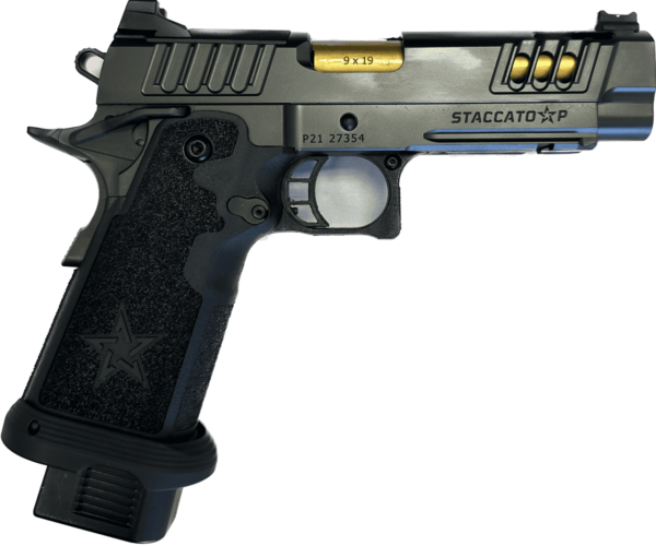 STACCATO P OPTIC READY CUSTOM TITANIUM NITRIDE GOLD BULL BARREL TACTICAL TEXTURE GRIP LEFT SIDE VIEW