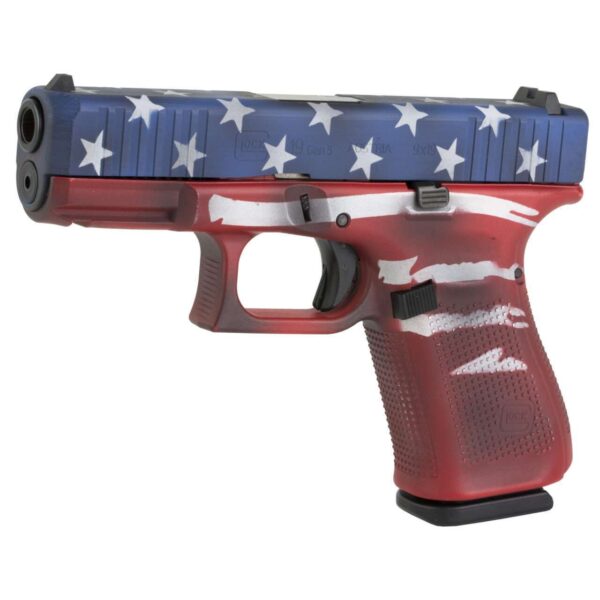 GLOCK 19 GEN5 SKYDAS CERAKOTE RED WHITE BLUE BATTLE WORN FLAG 9MM LEFT SIDE VIEW FRONT ANGLE