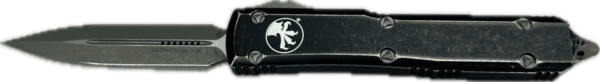 MICROTECH KNIVES ULTRATECH DOUBLE EDGED DISTRESSED BLACK APOCALYPTIC STANDARD LABEL