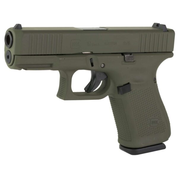 GLOCK 19 GEN5 FS SKYDAS CERAKOTE OD GREEN 9MM AUSTRIA LEFT SIDE VIEW FRONT ANGLE