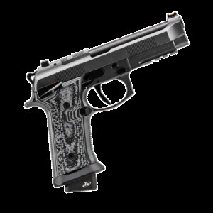 BERETTA 92XI SAO SQUALO 9MM LEFT SIDE VIEW FRONT ANGLE SLIDE OPEN MUZZLE ANGLED DOWN