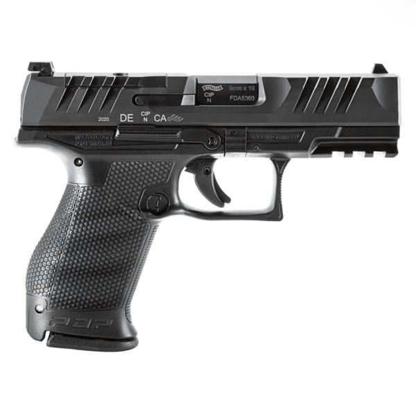 WALTHER PDP COMPACT 4" OR 9MM LEFT SIDE VIEW TAKEN APART SHOWING SLIDE, FRAME, BARREL, RECOIL SPRING ASSEMBLY AND MAGAZINE