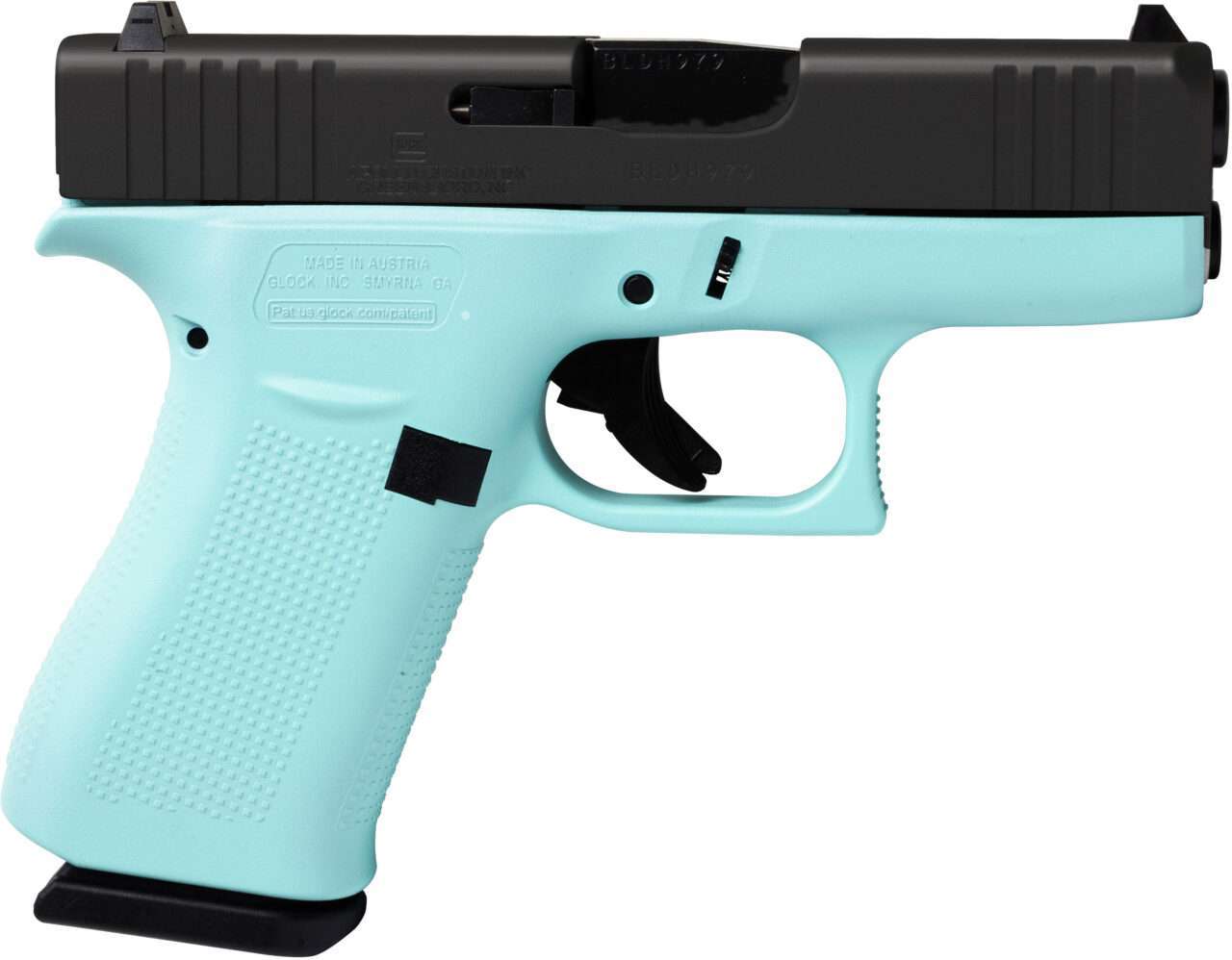 APOLLO CUSTOM GLOCK 43X ROBINS EGG BLUE FRAME ELITE BLACK SLIDE CERAKOTE 9MM RIGHT SIDE VIEW