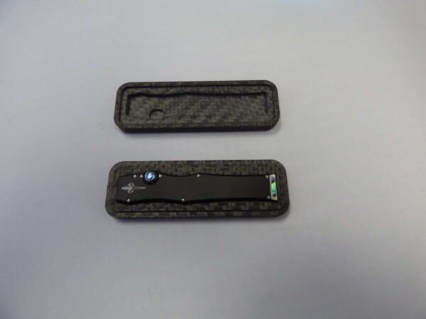 Microtech halo iii mini marfione custom closed in dry carbon fiber case open