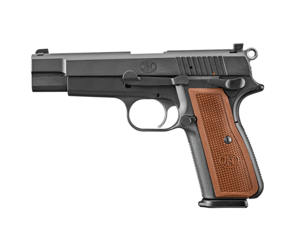 FN HIGH POWER BLACK WITH TAN GRIPS LEFT SIDE VIEW