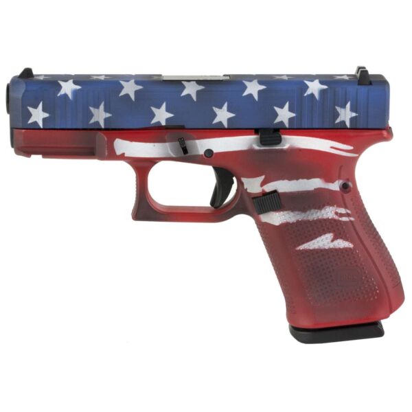 GLOCK 19 GEN5 SKYDAS CERAKOTE RED WHITE BLUE BATTLE WORN FLAG 9MM LEFT SIDE VIEW