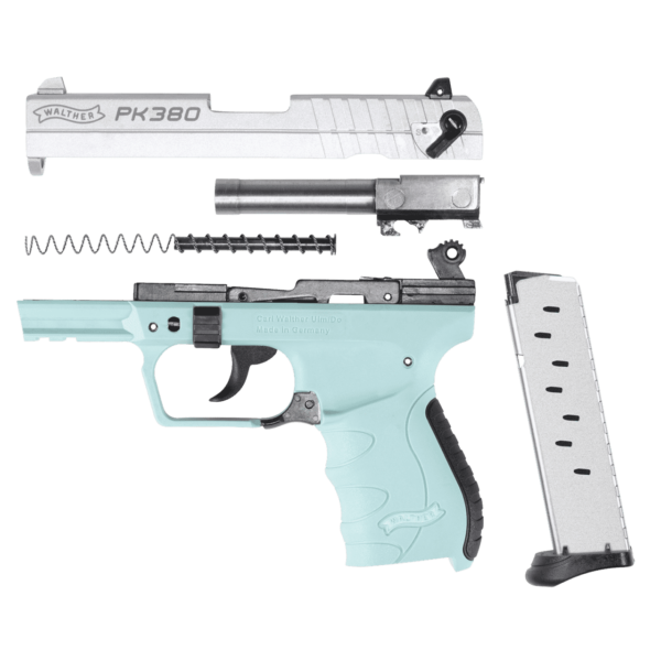 WALTHER PK380 ANGEL BLUE LEFT SIDE VIEW TAKEN APART SHOWING SLIDE, FRAME, MAGAZINE, BARREL AND RECOIL SPRING ASSEMBLY