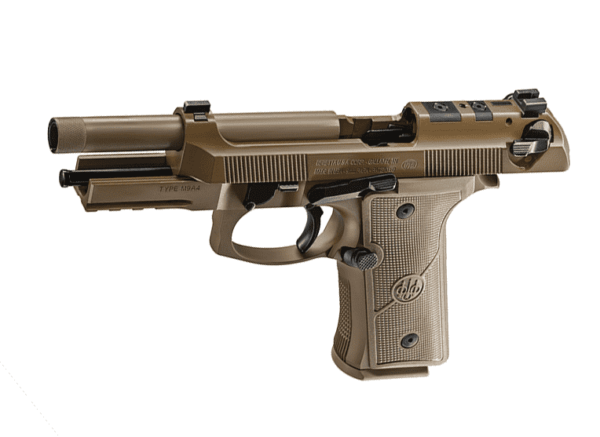beretta m9a4 g flat dark earth top left side view front angle slide open