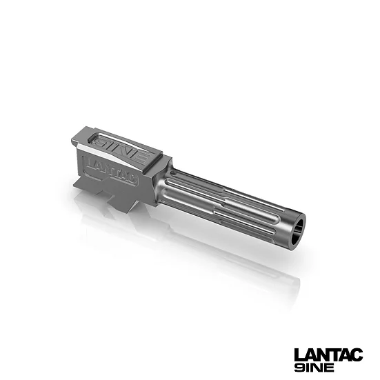 LANTAC GLOCK 9INE G43 NON-THREADED UPGRADE BARREL STAINLESS TOP RIGHT SIDE VIEW FRONT ANGLE