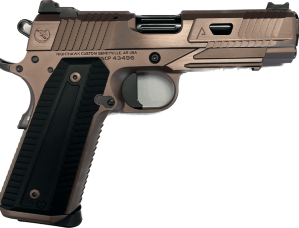 NIGHTHAWK CUSTOM AGENT 2 COMMANDER IOS ROSE GOLD WITH BLACK DLC ACCENTS .45 ACP LEFT SIDE VIEW