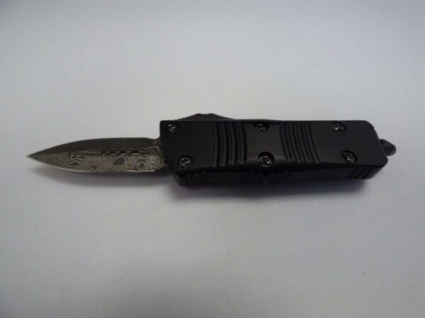 MICROTECH TROODON MINI DOUBLE EDGE SIGNATURE SERIES DAMASCUS STANDARD RINGED HARDWARE CLIP SIDE