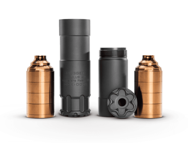 rugged suppressors oculus 22 silencer long configuration top left side view muzzle angled back