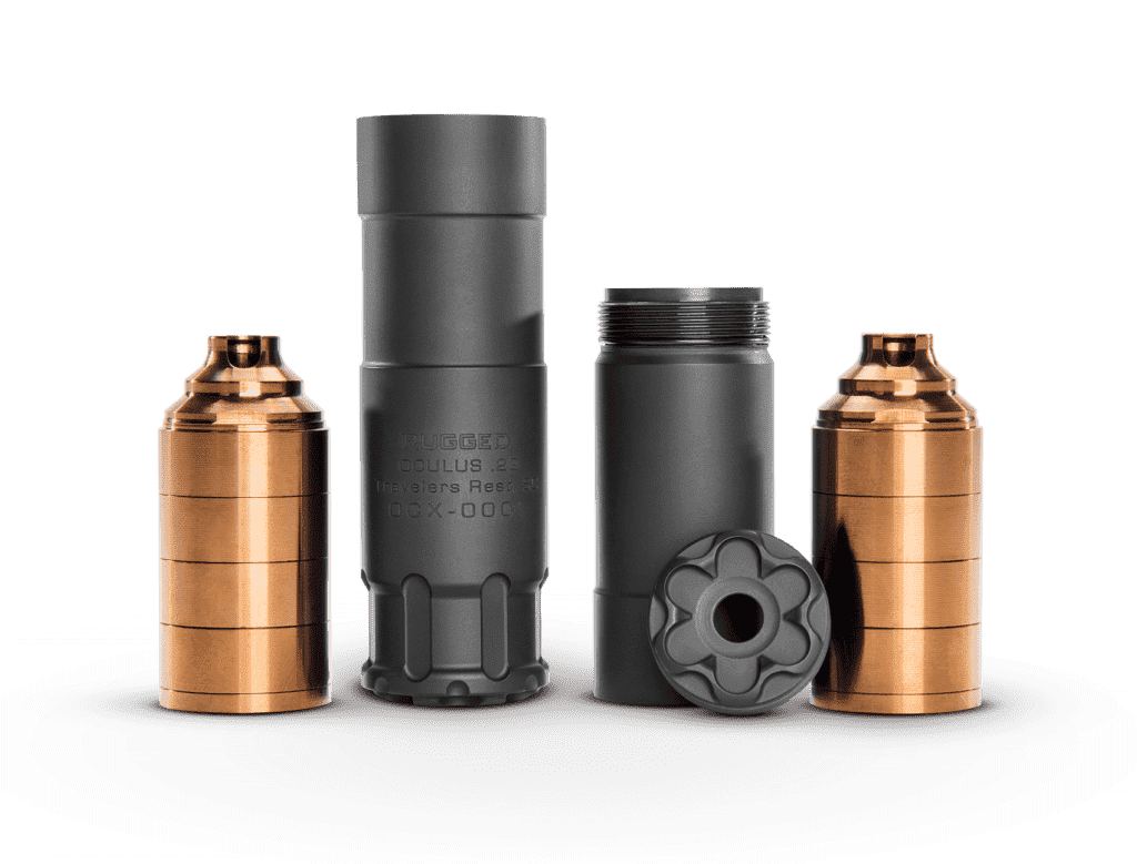 rugged suppressors oculus 22 silencer long configuration top left side view muzzle angled back