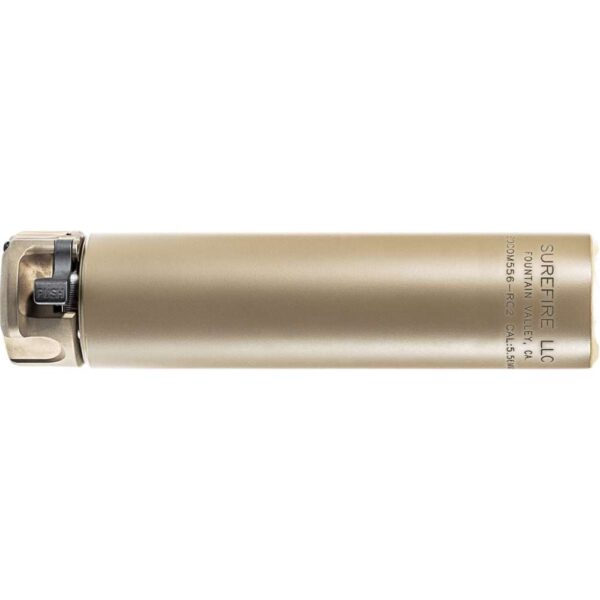 SUREFIRE SOCOM556 RC2 SUPPRESSOR DARK EARTH 5.56 NATO TOP RIGHT SIDE VIEW REAR ANGLE