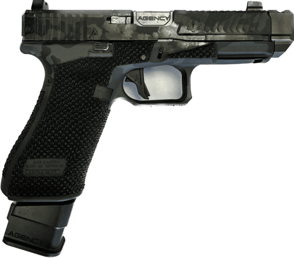 AGENCY ARMS GLOCK 45 SAGE DYNAMICS IOS V2 BLACK MULTICAM WITH +5 MAGAZINE EXTENSION 9MM RIGHT SIDE VIEW
