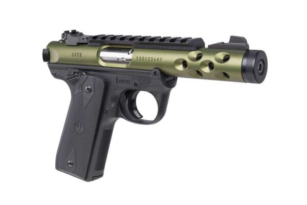 RUGER MARK IV 22/45 LITE OD GREEN ANODIZED THREADED BARREL RIGHT SIDE VIEW FRONT ANGLE