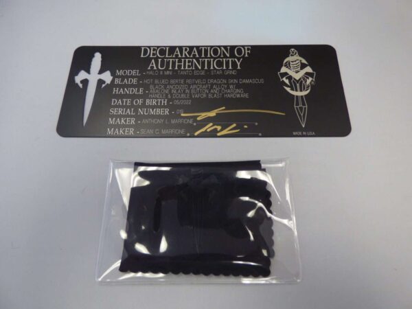 Microtech halo iii mini marfione custom declaration of authenticity with microfiber cleaning cloth