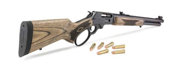 MARLIN 1895 GUIDE GUN .45-70 BLUED 19" THREADED BARREL RIGHT SIDE VIEW REAR ANGLE WITH AMMUNITION