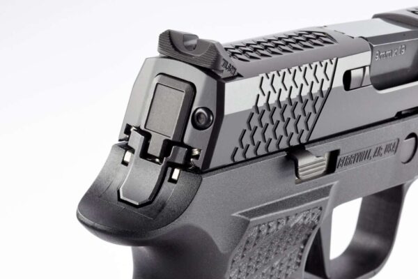 WILSON COMBAT SIG SAUER P320F BLACK STRAIGHT TRIGGER WITH ACTION TUNE TOP RIGHT SIDE VIEW REAR ANGLE