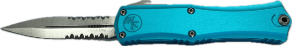 MICROTECH KNIVES MINI HERA II DOUBLE EDGE TURQUOISE PARTIAL SERRATED STONEWASH BOX/LABEL