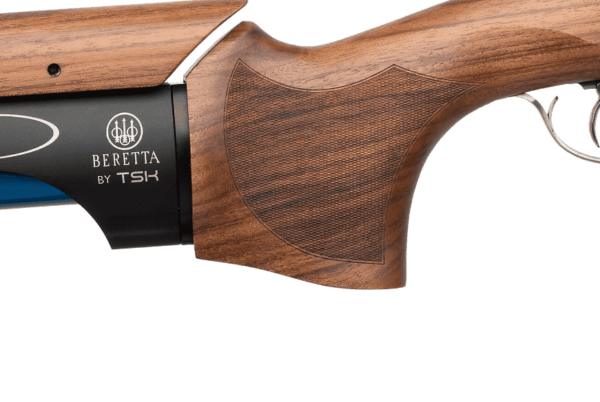 BERETTA 694 PRO SPORTING OVER/UNDER SHOTGUN WITH TSK STOCK RIGHT SIDE VIEW STOCK CLOSE UP