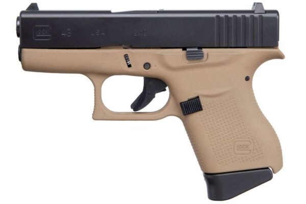 APOLLO CUSTOM GLOCK 43 DAVIDSON'S DARK EARTH FRAME BLACK SLIDE CERAKOTE 9MM LEFT SIDE VIEW