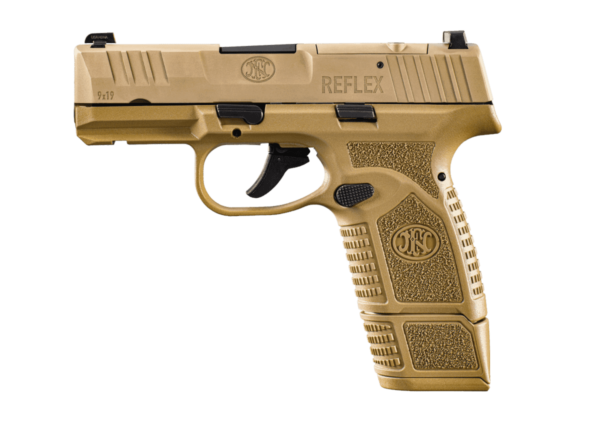 FN REFLEX MRD NO MANUAL SAFETY FDE 9MM LEFT SIDE VIEW 15 ROUND MAGAZINE