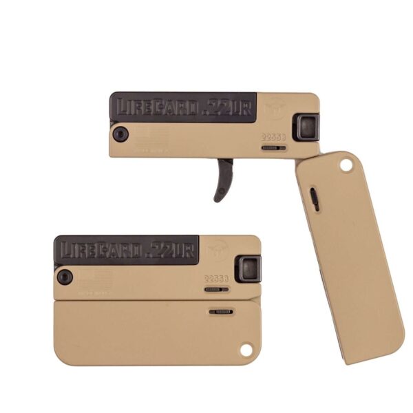 TRAILBLAZER FIREARMS LIFECARD MCMILLAN TAN .22 LR PICTURED OPEN AND CLOSED LEFT SIDE VIEW