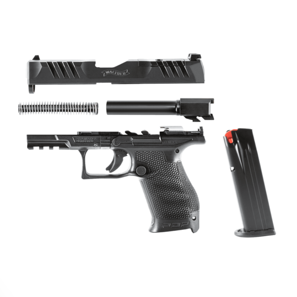 WALTHER PDP COMPACT 4" OR 9MM LEFT SIDE VIEW TAKEN APART SHOWING SLIDE, FRAME, BARREL, RECOIL SPRING ASSEMBLY AND MAGAZINE