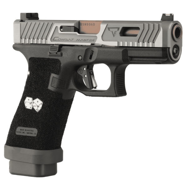 TARAN TACTICAL DAY SHIFT "SNAKE EYES" GLOCK 45 COMBAT MASTER  9MM RIGHT SIDE VIEW FRONT ANGLE