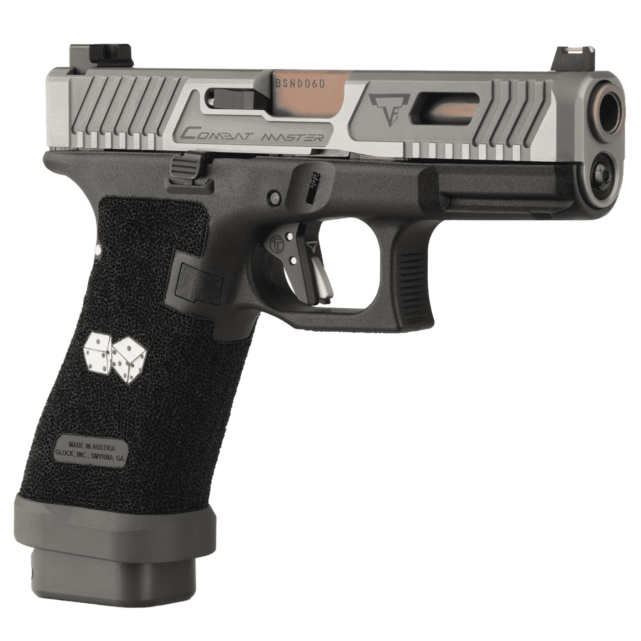 TARAN TACTICAL DAY SHIFT "SNAKE EYES" GLOCK 45 COMBAT MASTER  9MM RIGHT SIDE VIEW FRONT ANGLE