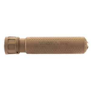 KNIGHTS ARMAMENT CO 7.62 QDC/CRS-PRG FLAT DARK EARTH SILENCER TOP LEFT SIDE VIEW FRONT ANGLE