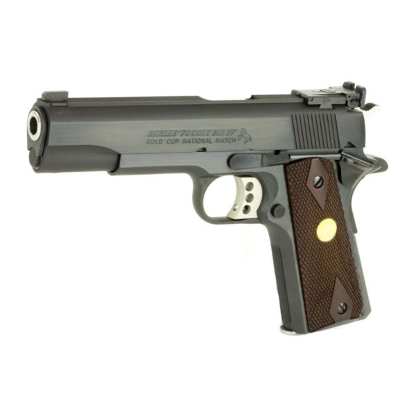 COLT GOLD CUP NATIONAL MATCH 5" BLUED 9MM LEFT SIDE VIEW FRONT ANGLE