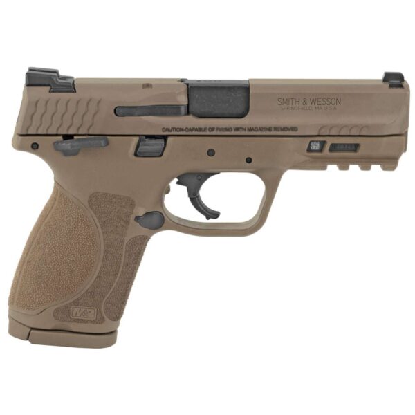 SMITH AND WESSON M&P9 M2.0 COMPACT FLAT DARK EARTH THUMB SAFETY LEFT SIDE VIEW FRONT ANGLE