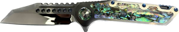 MICROTECH MARFIONE CUSTOM WARHOUND M390 MIRROR BLADE SATIN TITANIUM HANDLE W/ ABALONE INLAY BLUE TITANIUM HARDWARE SOFT CASE INTERIOR