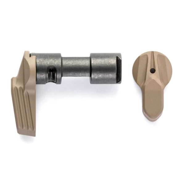 RADIAN TALON 45/90 2 LEVER KIT AMBIDEXTROUS SAFETY/SELECTOR AR15 FLAT DARK EARTH TOP VIEW WITH ONE LEVER DETACHED LAYING FLAT