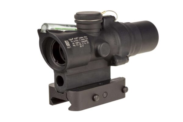 TRIJICON 1.5x16S COMPACT ACOG SCOPE DUAL ILLUMINATED GREEN RING 2MOA CENTER DOT W/ Q-LOC MOUNT LEFT SIDE VIEW FRONT ANGLE